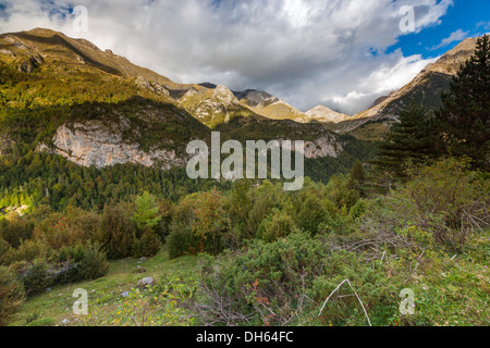 Blick vom Tal D'Otal über den Fluss Ara, Parque Nacional de Ordesa y Monte Perdido, Pyrenäen-Tal. Stockfoto