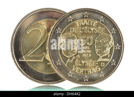 2013-Gedenkmünze, 50 Jahre des Elysée-Vertrags, Adenauer und De Gaulle, Stuttgart Mint F, vorne und hinten, 2-Euro-Münze Stockfoto