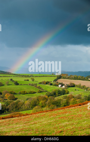 Herbst Regenbogen über Runde Eiche in Shropshire Hügel von Hopesay gemeinsamen, England gesehen. Stockfoto