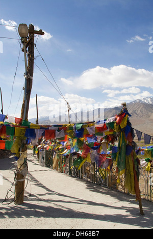 Tibetisch-buddhistische Kloster mit Gebetsfahnen in der Himalaya-Region in der Nähe von Leh, Ladakh, Himalaya, Indien, Asien Stockfoto