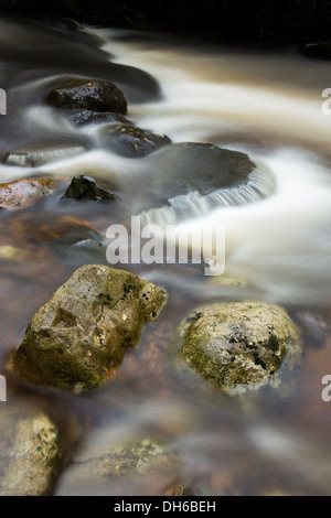 Nahaufnahme eines Flusses zeigt das Wasser über die Stones in dieser langen Belichtungszeit bewegt. Stockfoto