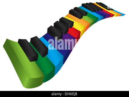 Wellig Klaviertastatur mit Regenbogen Farben Tasten in 3D isoliert auf weißem Hintergrund Illustration Stockfoto