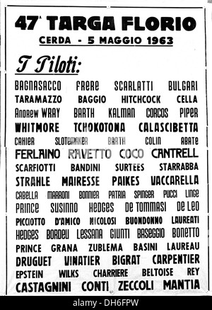 Die Liste der Treiber die Targa Florio Rennen. Sizilien 5. Mai 1963. Stockfoto