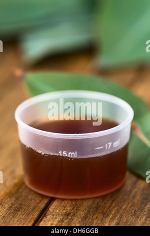 Eukalyptus-Hustensaft in Medizin-Cup mit frischen Eukalyptus Blätter (selektiven Fokus, Fokus auf das 15ml-Zeichen auf der Tasse) Stockfoto