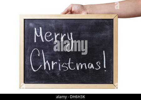 Weibliche Teenager Hand, die Tafel mit Frohe Weihnachten Text, isoliert Stockfoto