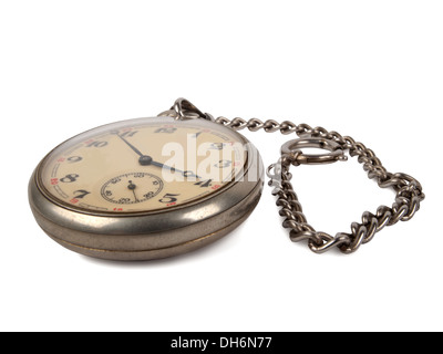 Vintage Taschenuhr mit Kette isoliert auf weiss Stockfoto