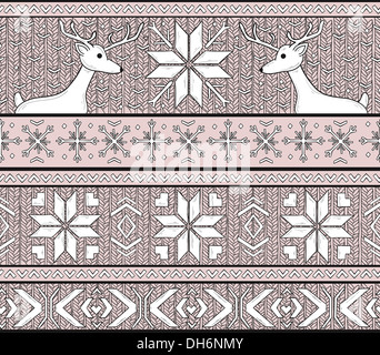 Handgezeichnete nahtlosen gestrickten Hintergrund in Fair-Isle-Stil mit Hirschen und Schneeflocken Stockfoto