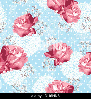 Nahtlose Muster mit Blumen Floral Hintergrund mit Rosen und Kirschblüten Stockfoto