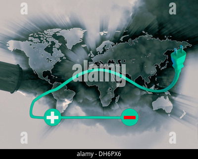Symbol für die Elektroautos auf Weltkarte, Konzept Stockfoto