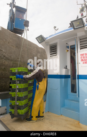 An der Anlegestelle Hafen werden Kisten gefüllt mit Fischen mit einem Kran gehoben Stockfoto