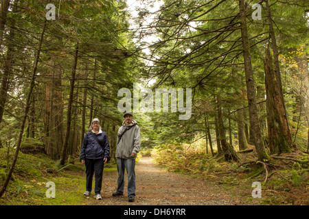 Mutter und erwachsener Sohn wandern im Wald an einem Herbsttag Stockfoto