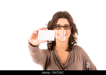Glückliche junge Frau zeigen, Grußkarte, isoliert auf weiß Stockfoto