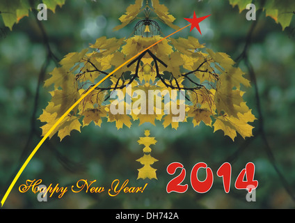 Frohes neues Jahr Gruß für 2014 auf bunten Baum Laub Stockfoto