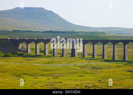 Güterzug auf Ribblehead-Viadukt unter Ingleborough Berg Yorkshire Dales National Park North Yorkshire England UK Stockfoto