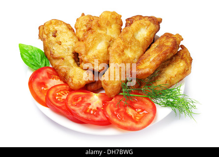 Fisch gebraten im Teig auf einem weißen Stockfoto