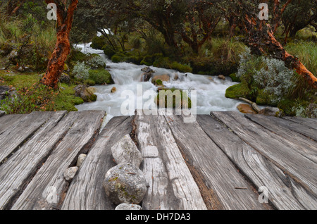 Eine hölzerne Brücke über einem Gebirgsbach im Huacaran Nationalpark, Huaraz, Peru Stockfoto