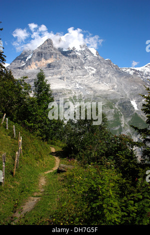 Malerische Landschaften von Schnee bedeckt Jungfrau Berggipfel in den Schweizer Alpen von Gimmelwald Schweiz Europa. Stockfoto