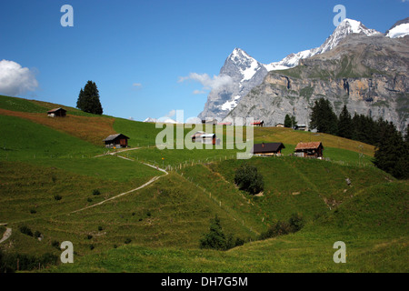 Malerische Landschaften von Schnee bedeckt Jungfrau Berggipfel in den Schweizer Alpen von Gimmelwald Schweiz Europa. Stockfoto