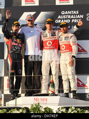 Sebastian Vettel Jenson Button und Lewis Hamilton n Mula One Grand Prix im Albert Park - Rennen Melbourne- Stockfoto