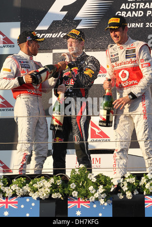 Lewis Hamilton Sebastian Vettel und Jenson Button n Mula One Grand Prix im Albert Park - Rennen Melbourne- Stockfoto