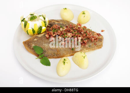 Scholle Finkenwerder Art, Finkwarder Scholl, Gebratene Scholle mit Speck, Kartoffeln und Zitrone Stockfoto