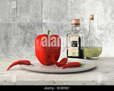 Paprika, Chili, Balsamico-Essig und eine Olivenölflasche, mediterranes Ambiente, 3D-Illustration, rendering Stockfoto