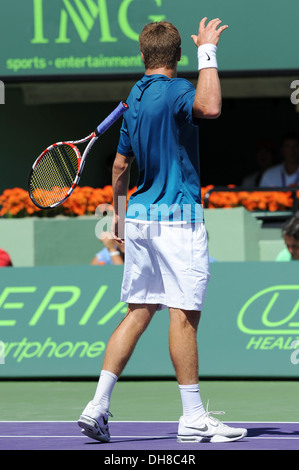 KEY BISCAYNE FL - 24 März: Roger Federer in Aktion gegen Ryan Harrison während Tag 6 der Sony Ericsson Open im Crandon Park Stockfoto