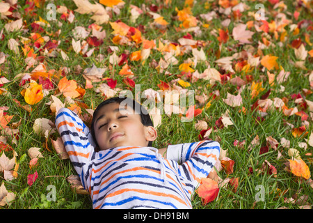 Kleiner Junge schlafen auf einem Bett aus bunten Herbst Blätter Stockfoto