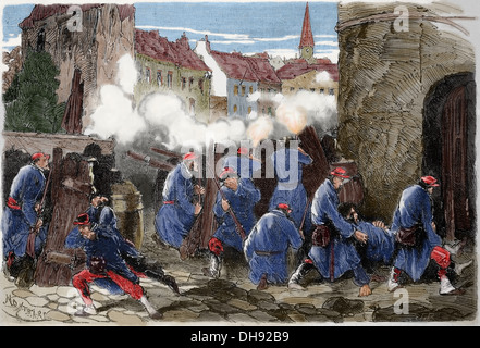 Franco-Preussischer Krieg. 1870-1871. Verteidigung von Paris. 19. Januar. 13-Bataillons der Nationalgarde in Barrikade. Stockfoto