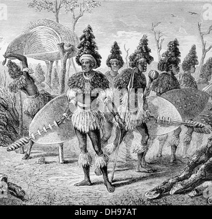 Afrika. Zimbabwe. Matabele-Krieger in der Gegenwart-Tag Simbabwe. Kupferstich, 1876. Stockfoto