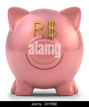 Sparschwein mit Augen brasilianischen Geld Zeichen. Clipping-Pfad enthalten. Stockfoto