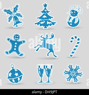 Set Weihnachts-Icons mit Baum, Schneeflocke, Schneemann, Candy Stockfoto