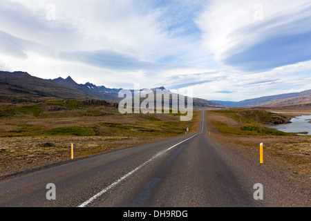 Autobahn durch Island Landschaft am bewölkten Tag. Horizontalen Schuss Stockfoto