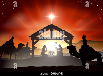 Krippe Weihnachtsszene mit dem Jesuskind in der Krippe in Silhouette, drei weisen oder Könige und Stern von Bethlehem Stockfoto