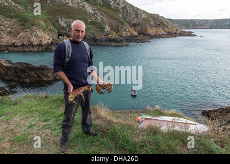 Ein einheimischer Fischer trägt einen traditionellen Guernsey Pullover mit zwei großen braunen Taschenkrebse. Guernsey, Channel Islands. Stockfoto