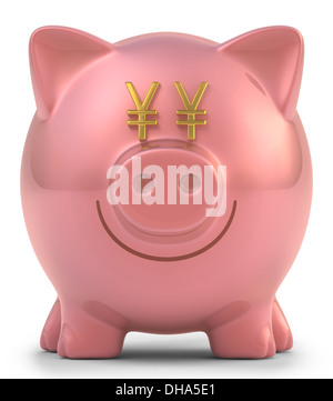 Sparschwein mit Augen-Yen-Zeichen. Clipping-Pfad enthalten. Stockfoto