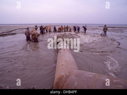 Männer mit Netzen stehen in der kalten Ostsee Wasser um das Abwasser Abfluss Rohr vom Palmnicken Bernstein Mine Spray Haus. Stockfoto