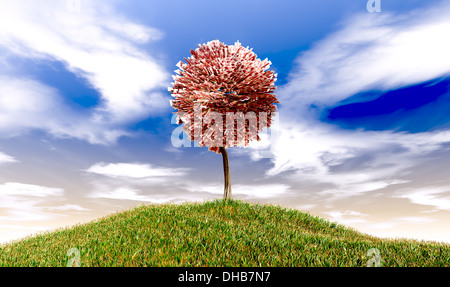 Eine stilisierte topiarized Baum mit einem hölzernen Stamm ein Blätter bestehend aus britischen Pfund-Banknoten auf einem grasbewachsenen Hügel auf einem blauen Himmel backg Stockfoto