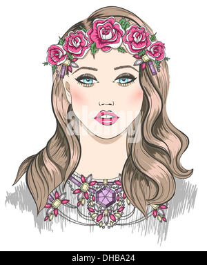 Junges Mädchen Mode-Illustration. Mädchen mit Blumen in ihrem Haar und Erklärung Halskette Stockfoto