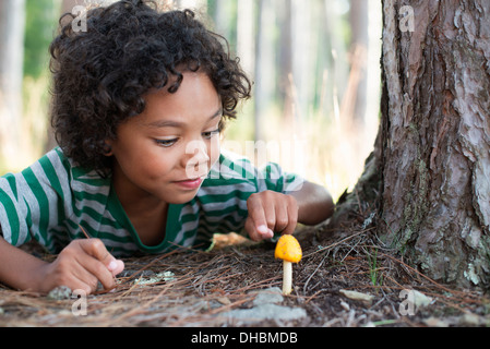 Bäume am Ufer eines Sees. Ein Kind, einen kleine gelbe Pilze Pilz Inspektion hinlegen. Stockfoto