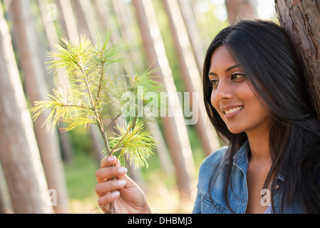 Bäume am Ufer eines Sees. Eine Frau im Schatten mit einem Ast. Stockfoto