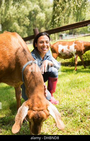 Ein Bio-Bauernhof in den Catskills. Eine Frau mit zwei großen Ziegen. Stockfoto