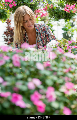 Eine Frau in einer Gärtnerei, umgeben von blühenden Pflanzen und Laub. Stockfoto