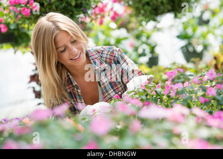 Eine Frau in einer Gärtnerei, umgeben von blühenden Pflanzen und Laub. Stockfoto