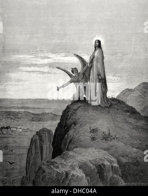 Neuen Testaments. Evangelium des Matthäus. KAPITEL IV. Jesus vom Teufel versucht. Gravur. Stockfoto