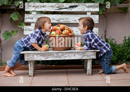 Zwei jungen mit einem Korb voller Äpfel, sitzen auf einer Bank Stockfoto