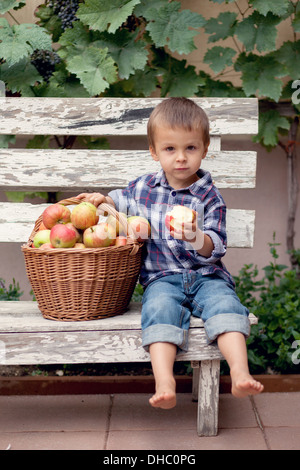 Junge mit einem Korb voller Äpfel, sitzen auf einer Bank Stockfoto
