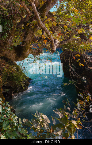 Zwischen Steinen von Bäumen überwuchert fließenden Fluss-Strom Stockfoto