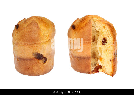 Ganze und geschnittene Panettone isoliert gegen weiß Stockfoto