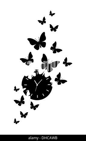 die Zeit vergeht, Uhr mit fliegenden Schmetterlinge Stockfoto
